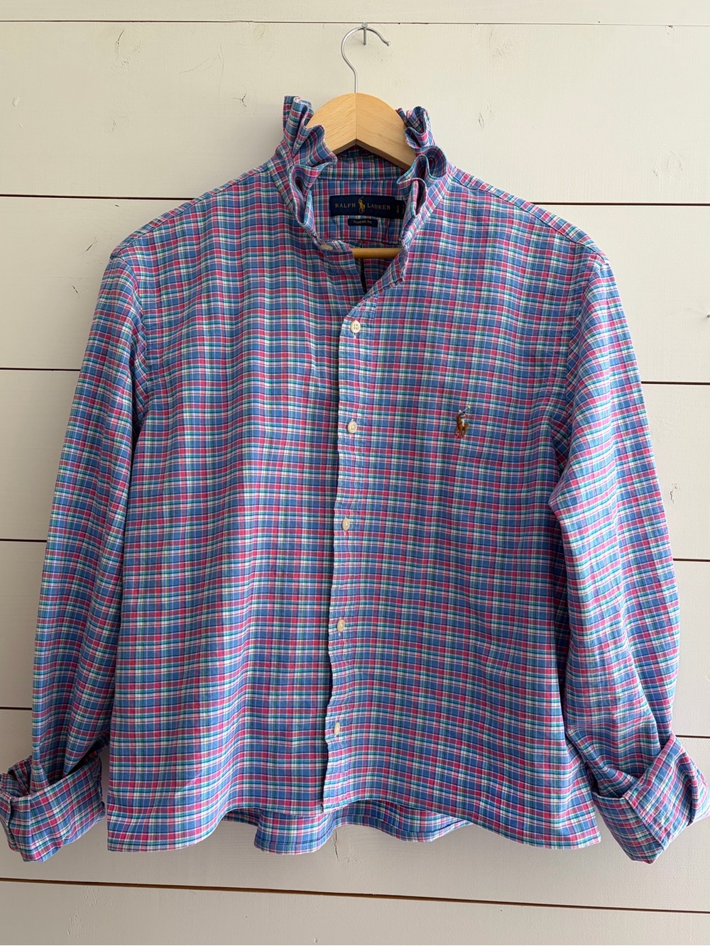 Viral Reworked Upcycled RALPH LAUREN Blue /Pink Plaid Shirt Ruffle Collar, Large